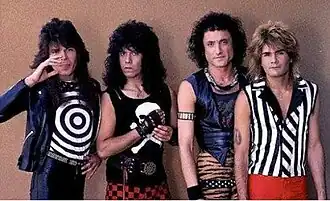 The Metal Health-era lineup of the band in 1984: (L to R) Rudy Sarzo (bass), Frankie Banali (drums), Kevin DuBrow (vocals) and Carlos Cavazo (guitar).