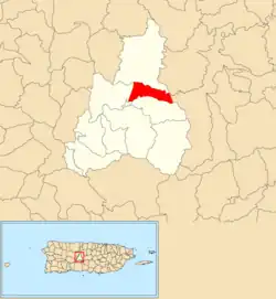 Location of Río Grande within the municipality of Jayuya shown in red