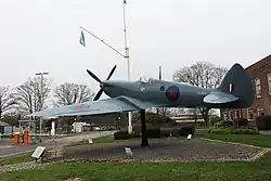A replica Supermarine Spitfire PR.Mk XI which acts as RAF Benson's gate guardian