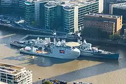 RFA Proteus and HMS Belfast from the Horizon 22 viewing gallery, 22 Bishopsgate, City of London, the day before the formal dedication ceremony.