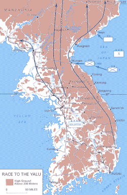 A map showing the Peninsula with US forces moving from the south to the north