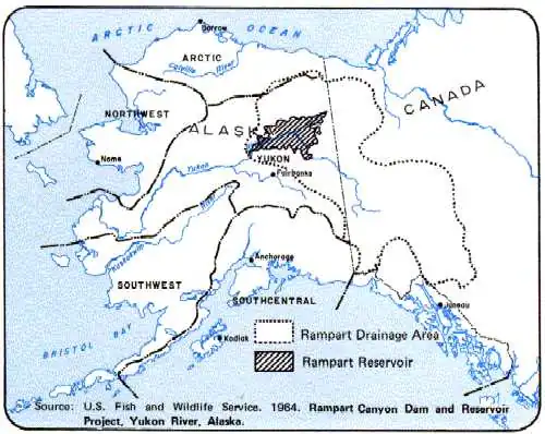 A map of Alaska. A large, Eastern to Central Alaskan landscape is taken up by crosshatches showing the floodplain.
