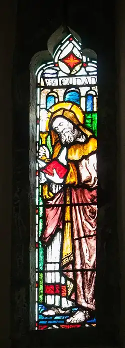Stain glass image of Saint Eunan, at Raphoe Cathedral