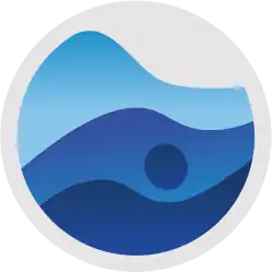 The interior of a white circle is decorated with waves of varying shades of blue and the darkest blue on the bottom has a solid bubble above it.