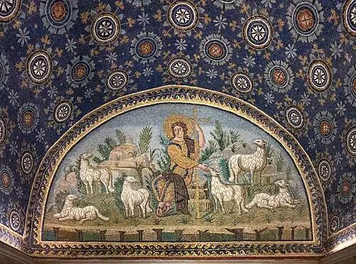 Fifth-century Ravenna mosaic illustrating the concept of The Good Shepherd
