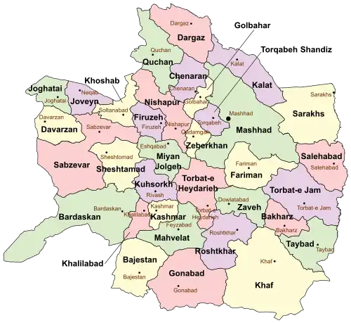 Location of Torbat-e Jam County in&nbsp;Razavi&nbsp;Khorasan&nbsp;province (right,&nbsp;purple)