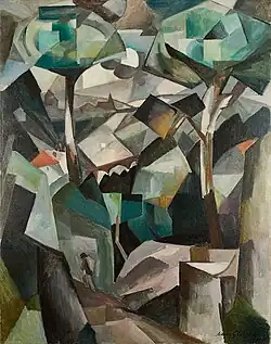 Albert Gleizes, 1911, Le Chemin, Paysage à Meudon, Paysage avec personnage, oil on canvas, 146.4 × 114.4&nbsp;cm. Stolen by Nazi occupiers from the home of collector Alphonse Kann during World War II