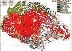 The "Red Map",[137] based on the 1910 census. Regions with population density below 20 persons/km2 (52 persons/sq&nbsp;mi)[138] are left blank and the corresponding population is represented in the nearest region with population density above that limit. Red colour to mark Hungarians and light purple colour to mark Romanians.