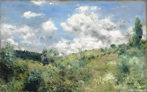 Painting of a hillside with grass and scrub; above it a blue sky with puffy white clouds