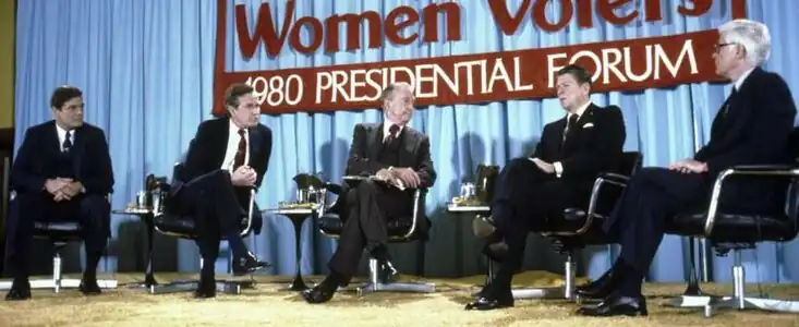 A Chicago debate with Crane, Bush, moderator Eric Sevareid, Reagan, and Anderson