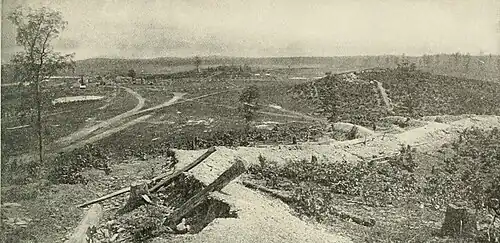 Sepia-toned photo shows Confederate defenses at Resaca.