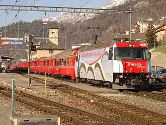 Train leaving St. Moritz.