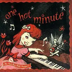 A stylized red-tinted image of a girl playing a piano while a fairy sits on it playing guitar