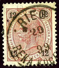 12 kr Austrian stamp in 1899 with German and Slovenian names