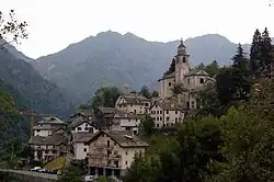 Mountain village, with houses and a church