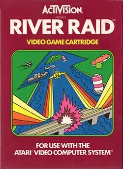 The developer's name, Activision, is at the top of the cover art, with the title "River Raid" below it. Below the title is a line art drawing of a yellow bomber jet flying over an exploding bridge towards a ship in river. A grey plane and helicopter fly over the river while yellow and orange lines trail from the jet's wing tips.