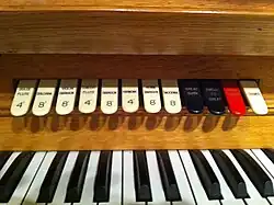 The lower manual stops of a 1937 Robb Wave Organ.