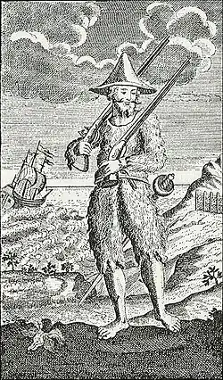 Engraving of Robinson Crusoe standing on the shore of an island, dressed in hair-covered goatskin clothing