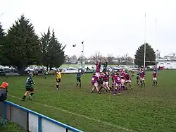 Clontarf rugby team (in the same red and blue colours used by other Clontarf sporting organisations), with Clontarf cricket club in the background