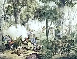 The engraving portrays a combat between the military and native peoples