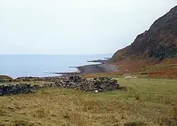 Ruined buildings (stone walls or foundations) are commonly seen in crofting areas. These are in the settlement of Boreraig, Skye which was cleared in 1853 and are probably remains of one of the houses that was abandoned at that time.[65]