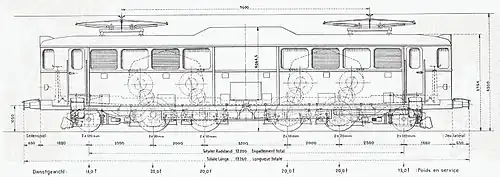 Side view, general arrangement drawing, showing the internal placement of the central transformer and paired traction motors above each of the four axles.