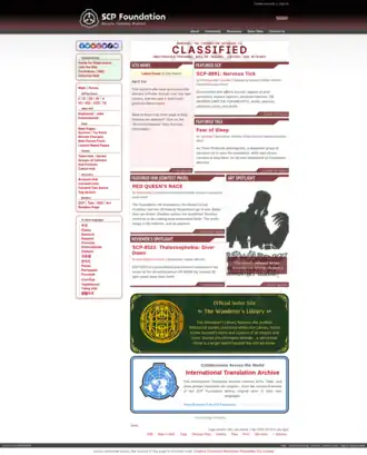 Screenshot showing the latest version of the main page on the SCP Foundation wiki