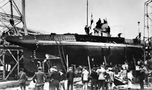 The lead boat of the U-27 class of submarines, SM&nbsp;U-27, is seen here at her launch on 19 October 1916.
