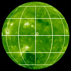 Nearly the entire surface of the Sun, taken in extreme ultraviolet at 19.5&nbsp;nm, with white lines showing solar coordinates (0° is directly towards Earth) February 10, 2011