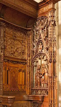 Detail of carving and marquetry of the choir stalls