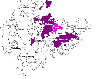 &nbsp;&nbsp;&nbsp;&nbsp;&nbsp;Saxe-Weimar, shown within the other Ernestine duchies and &nbsp;&nbsp;&nbsp;&nbsp;&nbsp;Saxe-Jena, joined to Saxe-Weimar in 1690