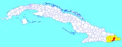 San Antonio del Sur municipality (red) within Guantánamo Province (yellow) and Cuba