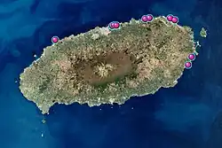 Satellite map of Jeju showing the locations of the protected areas of wall on the north and east coasts
