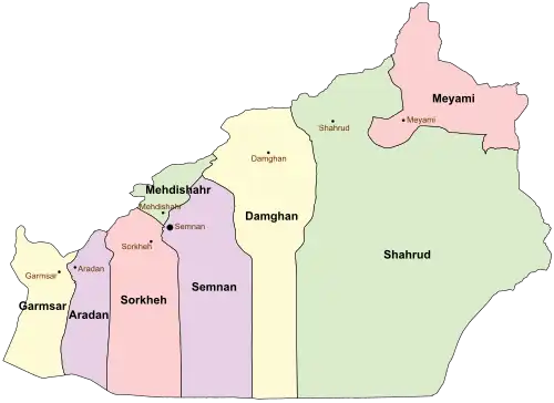 Location of Aradan County in&nbsp;Semnan&nbsp;Province (left,&nbsp;purple)
