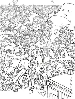 The Doctor and Donna are in the foreground next to the TARDIS; in front of them appears various recurring villains and aliens from the past four series.