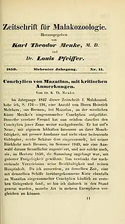 Title page of Menke's journal article in 1850 which included the original description of Nerita funiculata.