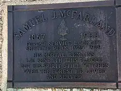 Samuel J. McFarland was the lookout at Shuteye Peak from 1925-1929; his remains are interred below the plaque.