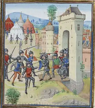 A colourful Medieval depiction of men in armour fighting in front of the gate of a fortified town