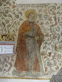 Simon Zelotes, 16th-century fresco, eastern wall of the Evangelical church&nbsp;[de] of Leihgestern