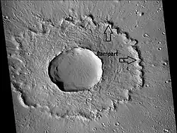 Rampart crater of the single-layered ejecta type, as seen by CTX Arrows indicate the outer edge, called the rampart.