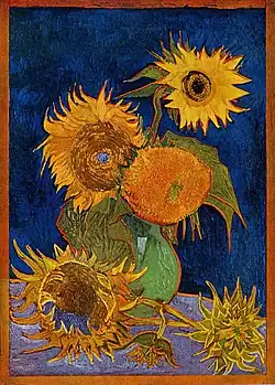 Sunflowers (F459), second version: royal-blue background Oil on canvas, 98 × 69&nbsp;cm Formerly private collection, Ashiya, Japan, destroyed by US air raid of World War II on 6 August 1945[11]