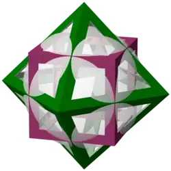 An outlined magenta cube and green octahedron, arranged so that each cube edge crosses an octahedron edge at the midpoint of both edges. A translucent sphere, concentric with the cube and octahedron, passes through all of the crossing points.