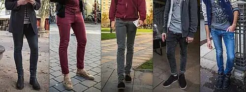 Image 100Various slim-fit jeans worn by men, showing the ubiquity of the silhouette in the early to mid-decade, 2013. (from 2010s in fashion)