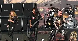 Slayer's original lineup, performing at the Fields of Rock in 2007. From left to right: Jeff Hanneman, Tom Araya, Kerry King, and Dave Lombardo.