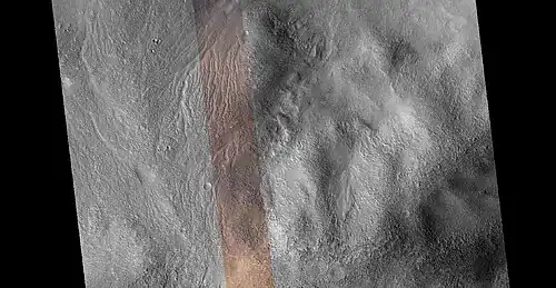 Wide view of channel network, as seen by HiRISE under HiWish program Colored strip in center is about 1 km across.