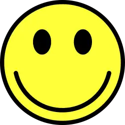 Graphic of a classic smiling face ideogram, yellow, with black borders against a white background