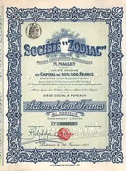 Share of the Société Zodiac from the 26. January 1911.