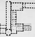 The Louvre's first floor in 1756 (Blondel plan) showing the Salon Carré (marked "T"), with the Escalier de l'Infante in its northwestern corner