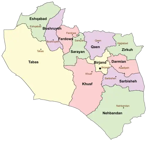 Location of Tabas County in&nbsp;South&nbsp;Khorasan&nbsp;province (left,&nbsp;yellow)