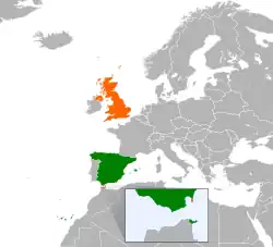 Map indicating locations of Spain and United Kingdom